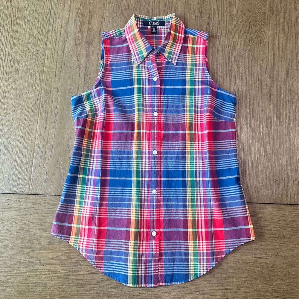 Chaps Sleeveless Button Down Vibrant Plaid Top Petite M - Picture 3 of 8
